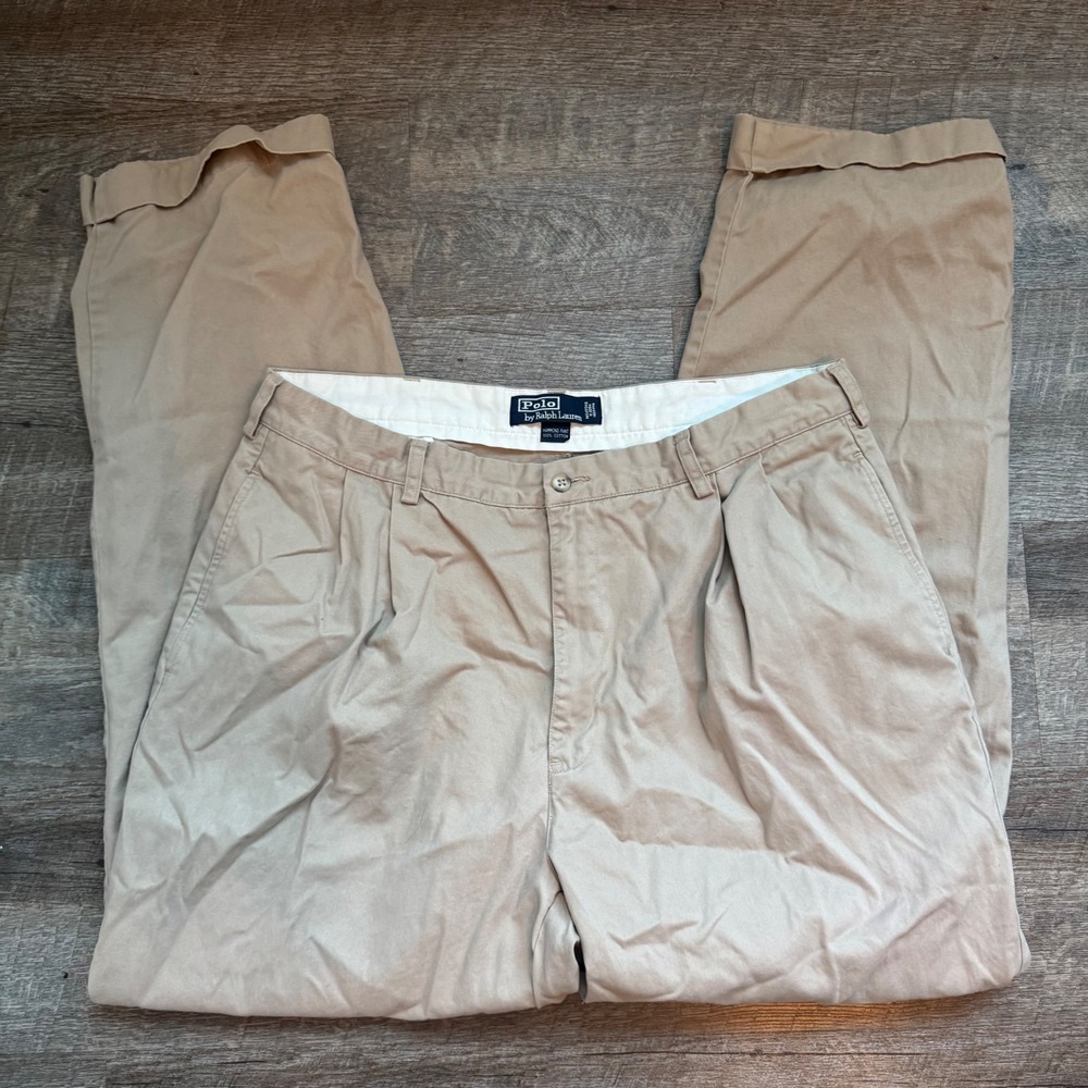 Polo Ralph Lauren Hammond Pant Chino 38/32 Relaxed Tan Khaki Pleated Cuffed